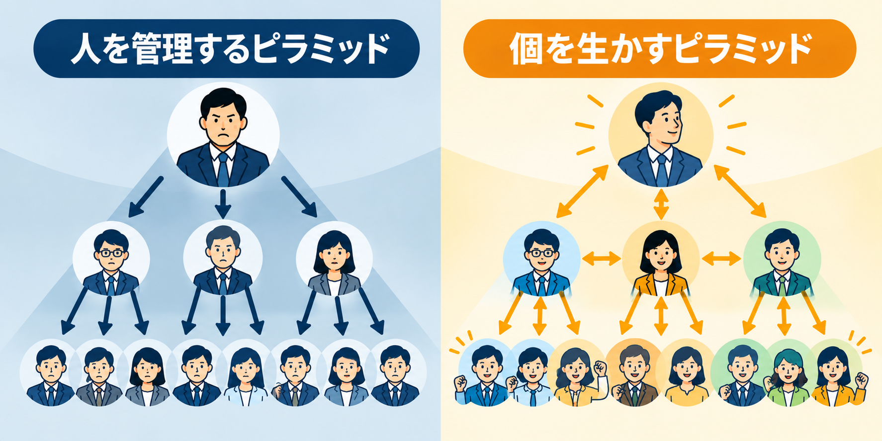 ピラミッド型組織の2種類を比較した図解。左はトップダウンの指示で人を管理する組織、右は双方向のコミュニケーションで社員の個性や主体性を引き出す組織を表している。