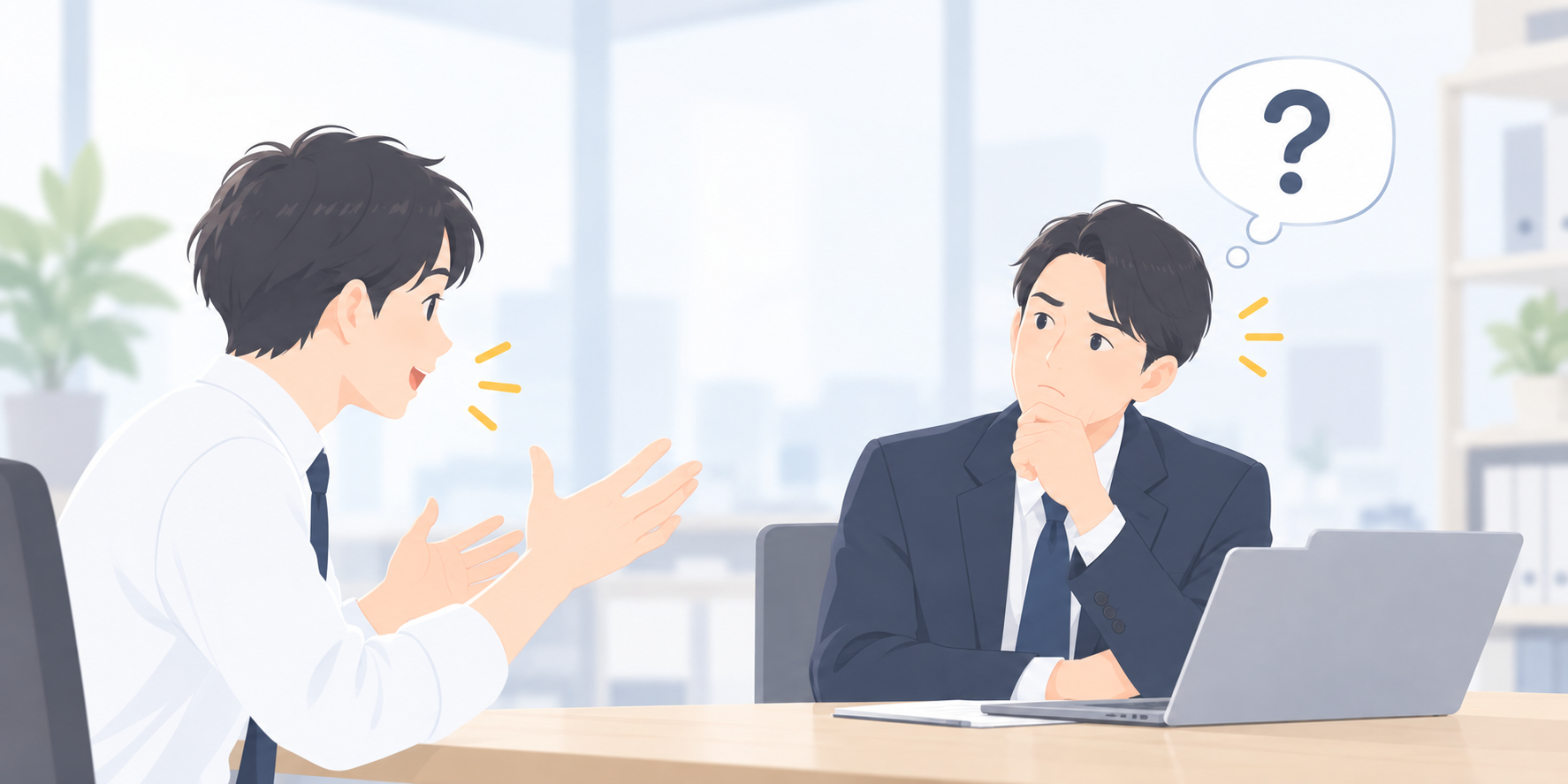 長い報告を聞いた上司が「つまり何?」と困惑している様子