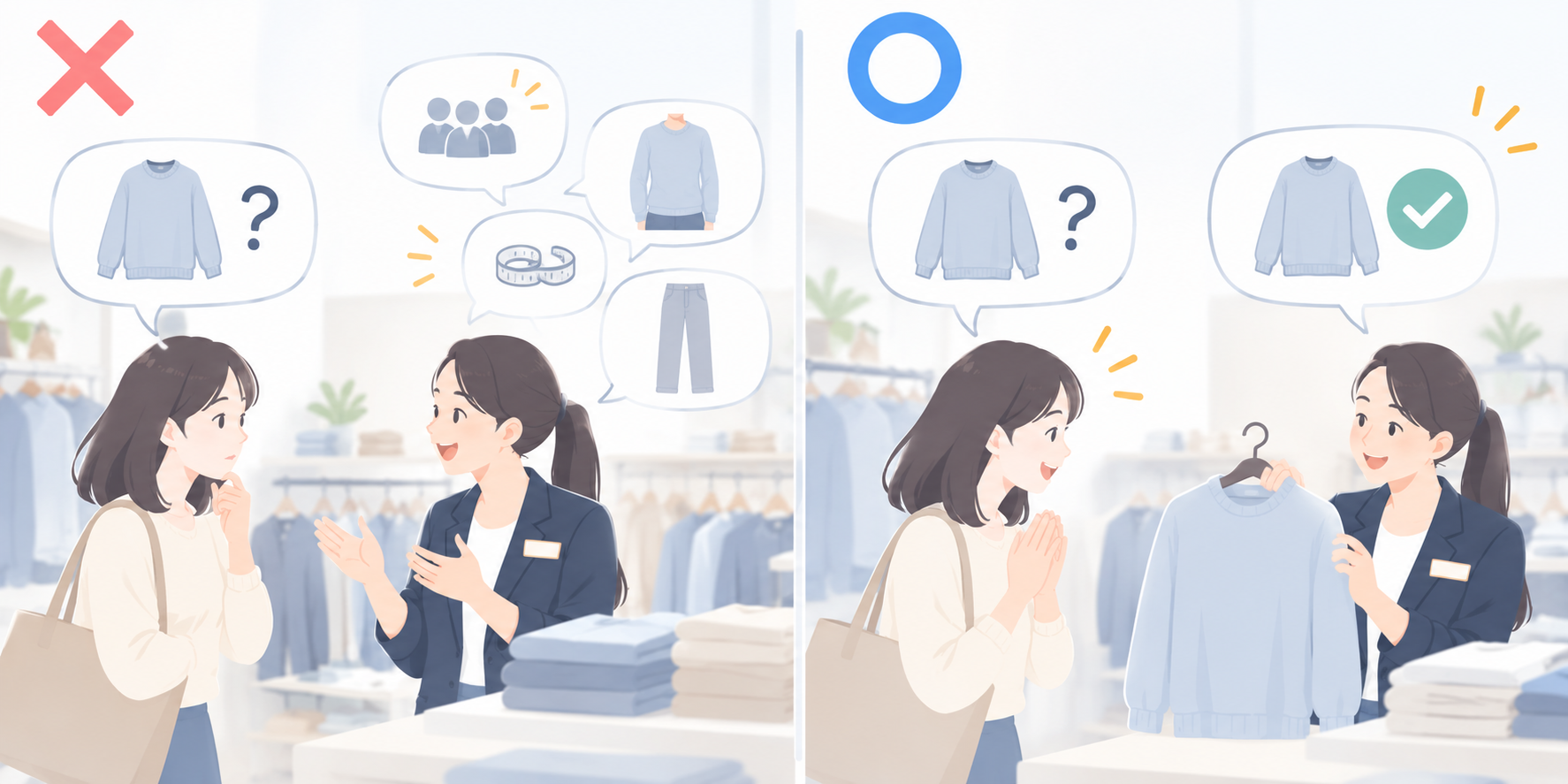 「この色のLサイズはありますか？」という質問に、余計な説明を重ねる店員と、質問のコアに直接答える店員を比較した図