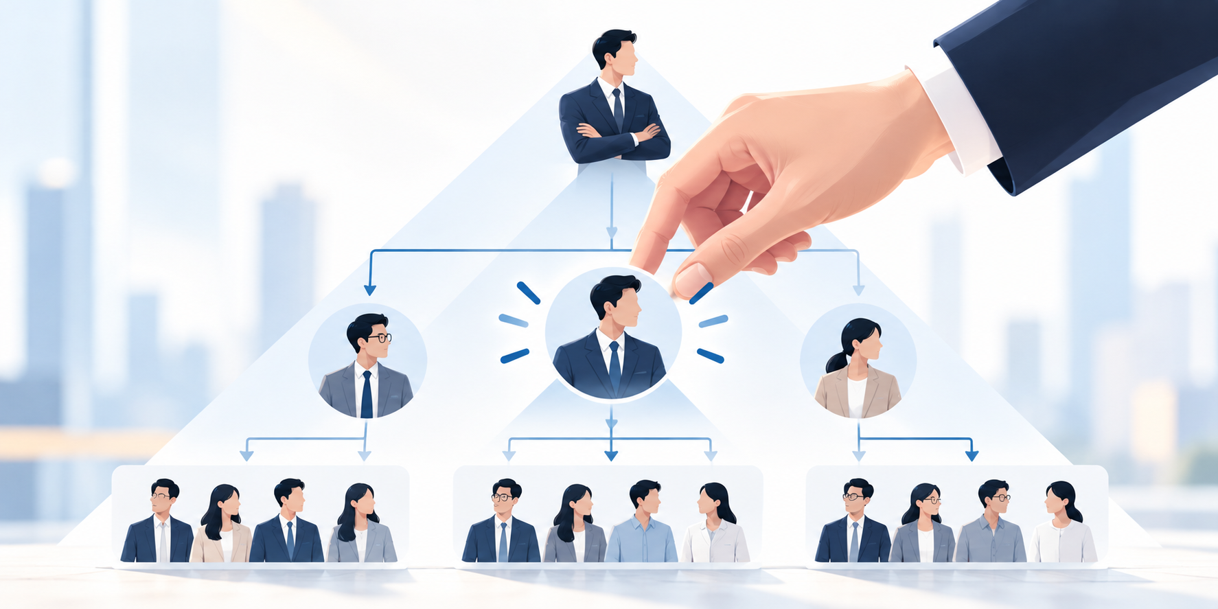ピラミッド型組織の中で重要なマネージャーを選定するイラスト。経営者の下に管理職と社員が配置され、マネージャーの選び方が組織全体の成長を左右することを表している。