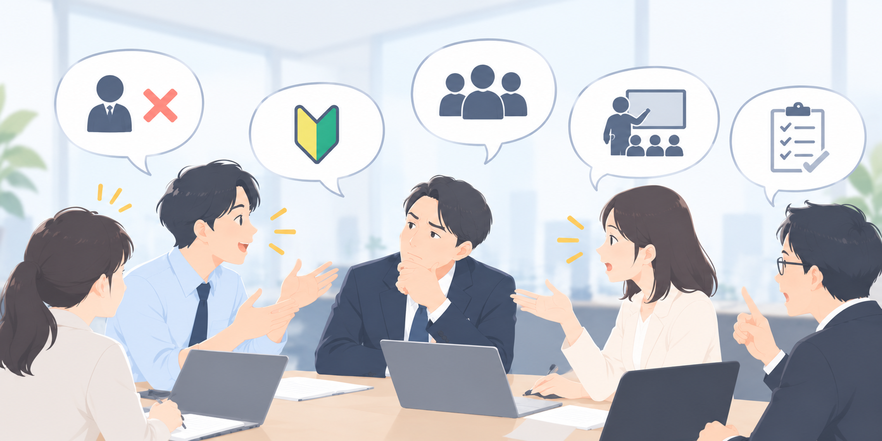 会議で議題が人材・採用・教育・評価へ次々と広がり、本来の目的を見失っている様子