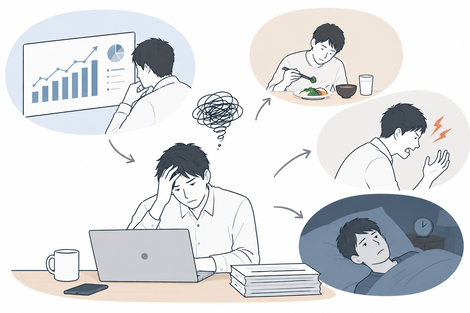 売上への不安や仕事のストレスが食事・感情・睡眠など日常生活に影響する経営者のイラスト