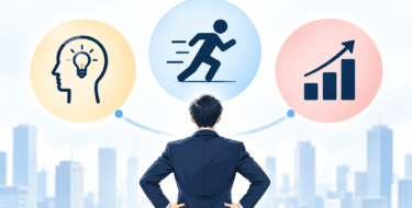 新人営業研修で最初に教えるべき3つの原則「自責思考・行動量・数字の自分ごと化」を、考える頭・走る人・成長グラフの3つのアイコンで表現したイラスト