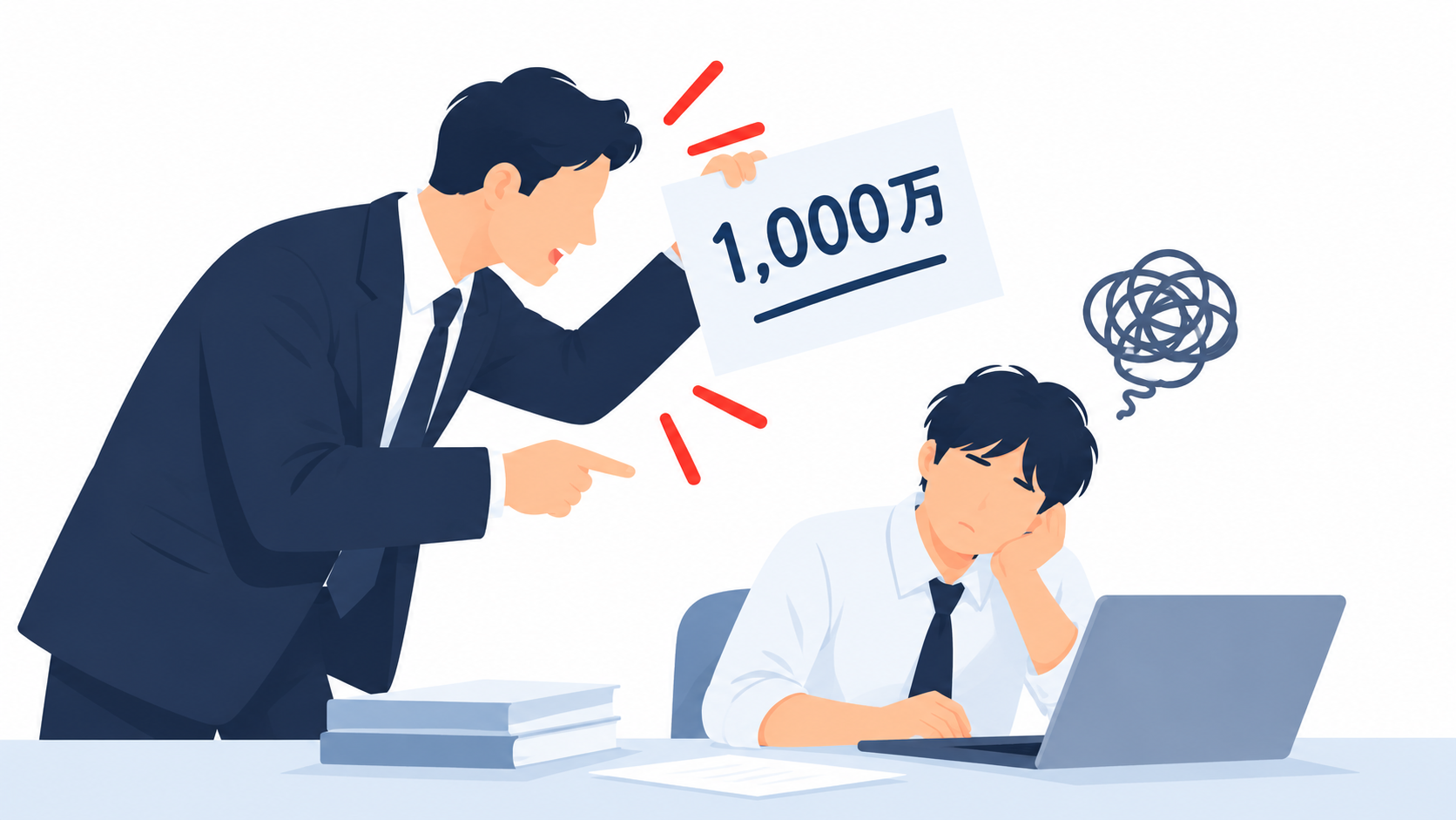 上司から「来月の目標は1,000万」と言われ、目標を自分ごと化できず戸惑う営業担当者